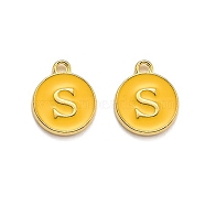 Golden Plated Alloy Enamel Charms, Enamelled Sequins, Flat Round with Alphabet, Letter.S, Yellow, 14x12x2mm, Hole: 1.5mm(X-ENAM-Q437-13S)