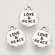Tibetan Style Alloy Pendants,  Cadmium Free & Lead Free, Flat Round with Word Love & Peace, Antique Silver, 13.5x10.5x1.5mm, Hole: 1.5mm, about 555pcs/500g(TIBEP-T009-24AS-RS)