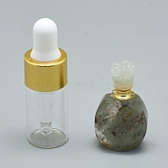 Natural Green Lodolite Quartz Openable Perfume Bottle Pendants, with Brass Findings and Glass Essential Oil Bottles, 30~36x18~20x9.5~16mm, Hole: 0.8mm, Glass Bottle Capacity: 3ml(0.101 fl. oz), Gemstone Capacity: 1ml(0.03 fl. oz)(G-E556-01D)