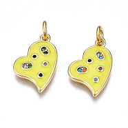 Brass Micro Pave Cubic Zirconia Enamel Charms, with Jump Rings, Nickel Free, Heart, Real 16K Gold Plated, Yellow, 10.5x13.5x2mm, Jump Ring: 5x0.8mm, 3mm inner diameter(ZIRC-Q200-024E-NF)