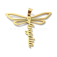 304 Stainless Steel Pendants, Dragonfly with Word Angella Charm, Golden, 36x45x1.5mm, Hole: 7x4mm(STAS-C097-09G)