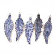 Electroplate Natural Blue Spot Jasper Big Pendants, with Lead Free & Nickel Free Iron Findings, Leaf, Golden, 69~74x21~22x5~6mm, Hole: 2mm(G-S344-66A)