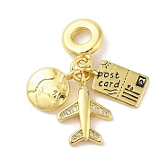 Rack Plating Brass Micro Pave Clear Cubic Zirconia Enamel European Dangle Charms, Earth & Plane & Post Card Large Hole Pendants, Cadmium Free & Lead Free, Long-Lasting Plated, Real 18K Gold Plated, 30mm, Hole: 4mm(X-KK-S380-28G)