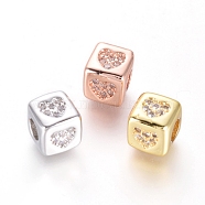 Brass Beads, with Micro Pave Cubic Zirconia, Cube with Heart, Clear, Mixed Color, 6x6x6mm, Hole: 3mm(KK-I657-07)