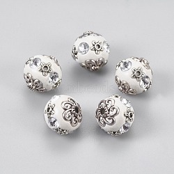 Handmade Indonesia Beads, with Crystal Rhinestone and Metal Findings, Round, Antique Silver, White, 15.5~17x16~17mm, Hole: 2mm(IPDL-G018-01AS)