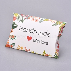 Paper Pillow Boxes, Gift Candy Packing Box, Flower Pattern & Word Handmade with Love, White, Box: 12.5x7.6x1.9cm, Unfold: 14.5x7.9x0.1cm(CON-L020-01A)