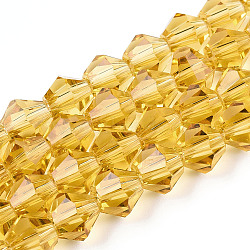 Imitation Austrian Crystal 5301 Bicone Beads, Faceted Glass Beads Strands, Goldenrod, 6x6mm, Hole: 1.2mm, about 47~48pcs/strand, 10.24 inch~10.43 inch(26~26.5cm)(GLAA-S026-6mm-17)