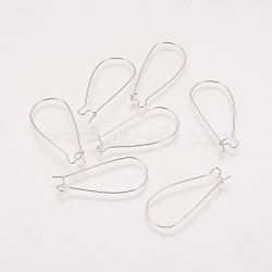 Brass Hoop Earrings Findings Kidney Ear Wires, Lead Free, Cadmium Free and Nickel Free, Silver Color Plated, 20~21 Gauge, 33x14x0.7~0.8mm(X-KK-EC221-NFS-NF)