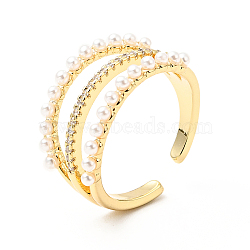 Clear Cubic Zirconia Triple Line Open Cuff Ring with Acrylic Pearl, Rack Plating Brass Hollow Wide Ring for Women, Cadmium Free & Lead Free, Real 18K Gold Plated, US Size 7 1/4(17.5mm)(KK-E060-18G)