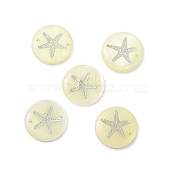 Natural Freshwater Shell Connector Charms, Flat Round Links with Silver Stamping Starfish/Sea Stars, 20x3~3.5mm, Hole: 1.2mm(SHEL-XCP0001-05)