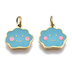 316 Surgical Stainless Steel Enamel Charms, with Jump Rings, Cloud, Sky Blue, Real 14K Gold Plated, 9.5x9.5x0.5mm, Jump Ring: 3.8x0.6mm, 2.6mm inner diameter(STAS-S116-366G)