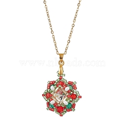 Christmas Theme Flower Glass Seed Beads & Rhinestone Pendant Necklaces, 304 Stainless Steel Cable Chain Necklaces for Women, Golden, 17.72 inch(45cm)(NJEW-MZ00045)
