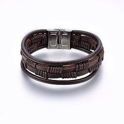 Leather Cord Multi-strand Bracelets, with 201 Stainless Steel Clasp, Rectangle, Coconut Brown, Stainless Steel Color, 8-5/8 inch(22cm), 4~22x4~7mm(BJEW-E345-17P)