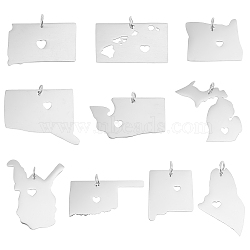 Unicraftale 10Pcs 10 Style 201 Stainless Steel Pendants, Map, Stainless Steel Color, 15~30.5x17~30x1mm, Hole: 3mm, 1pc/style(STAS-UN0036-64)