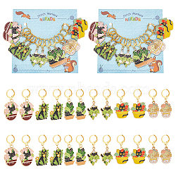 Potted Plant with Cat Alloy Enamel Pendant Stitch Markers, Crochet Leverback Hoop Charms, Locking Stitch Marker with Wine Glass Charm Ring, Mixed Color, 4~4.3cm, 6 style, 2pcs/style, 12pcs/set, 2 sets/box(HJEW-AB00313)