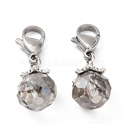 Electroplate Faceted Glass Pendants, with 304 Stainless Steel Lobster Claw Clasps, Round, Light Grey, 25mm, Pendant: 14.5x9mm(HJEW-TAC0004-02)