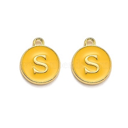 Golden Plated Alloy Enamel Charms, Enamelled Sequins, Flat Round with Alphabet, Letter.S, Yellow, 14x12x2mm, Hole: 1.5mm(X-ENAM-Q437-13S)