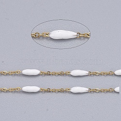 Handmade Enamel Beaded Chains, with Stainless Steel Curb Chains and Spool, Soldered, Long-Lasting Plated, Golden, White, 1.5x1x0.1mm, about 32.8 Feet(10m)/roll(CHS-I007-06G-15)