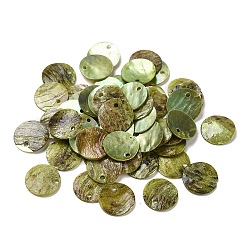 Spray Painted Natural Akoya Shell Charms, Mother of Shell, Flat Round Charms, Olive, 13x1.5mm, Hole: 1mm(SHEL-F007-15A-06)