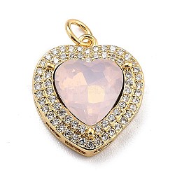 Eco-Friendly Brass Micro Pave Cubic Zirconia Pendants, with Faceted Glass & Jump Ring, Real 18K Gold Plated, Long-Lasting Plated, Heart, Misty Rose, 19x16.5x6.5mm, Jump Ring: 5x0.7mm, Inner Diameter: 3.6mm(ZIRC-H122-03G-02)