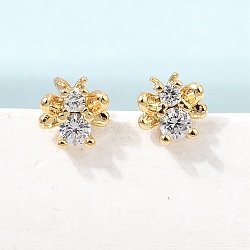 Bees Brass Micro Pave Cubic Zirconia Stud Earrings for Women, Rack Plating, Long-Lasting Plated, Cadmium Free & Lead Free, Real 18K Gold Plated, Clear, 7x6.5mm(CU-CBAE7DF-39G)