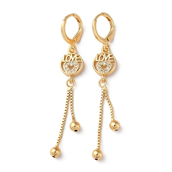 Rhinestone Love Heart Leverback Earrings, Brass Chains Tassel Earrings for Women, Light Gold, 58~59x9mm