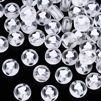 Transparent Clear Acrylic Beads, Flat Round with White Heart, 7x4mm, Hole: 1.8mm, about 3600~3700pcs/500g