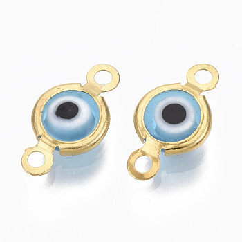 Handmade Evil Eye Lampwork Links connectors, with 304 Stainless Steel Findings, Flat Round, Golden, Light Blue, 12.5x7x2.5mm, Hole: 1.5mm