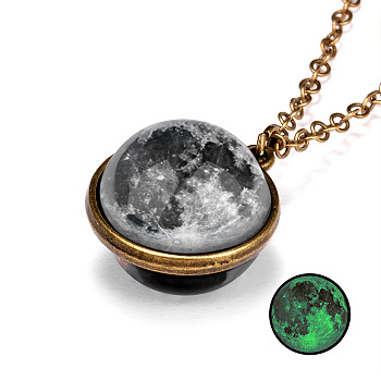 Luminous Glass Planet Pendant Necklace with Antique Golden Alloy Chains, Dark Gray, 19.69 inch(50cm)