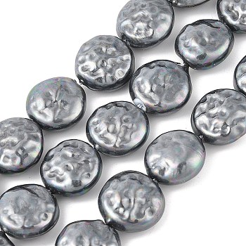 Electroplated Shell Pearl Beads Strands, Flat Round, Gray, 14.5~16x7.5~8mm, Hole: 1.2mm, about 27pcs/strand, 15.87''~15.94''(40.3~40.5cm)