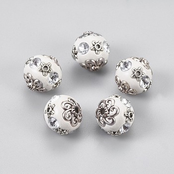Handmade Indonesia Beads, with Crystal Rhinestone and Metal Findings, Round, Antique Silver, White, 15.5~17x16~17mm, Hole: 2mm