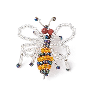Handmade Glass Seed Beads Woven Pendants, with Jump Rings, Bee Charms, White, 35x32x3mm, Hole: 3mm
