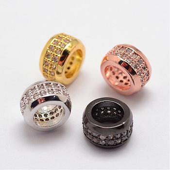Brass Micro Pave Cubic Zirconia European Beads, Rondelle, Large Hole Beads, Lead Free & Nickel Free, Mixed Color, 8x4.5mm, Hole: 5mm