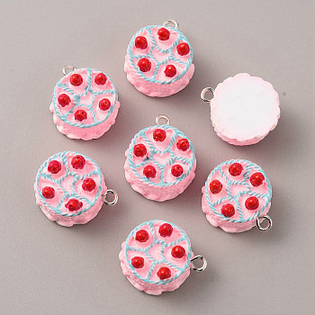 Opaque Resin Pendants, with Platinum Tone Iron Loops, Imitation Food, Round Strawberry Cake Charms, Pink, 19.5x17x10.5mm, Hole: 1.8mm