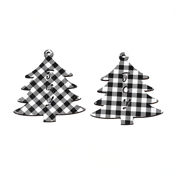 Christmas Theme Single-Sided Printed Wood Big Pendants, Christmas Tree with Tartan Pattern, Black, 79x73x2mm, Hole: 3.5mm