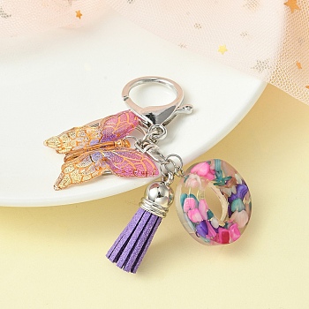 Resin Letter & Acrylic Butterfly Charms Keychain, Tassel Pendant Keychain with Alloy Keychain Clasp, Letter O, 9cm