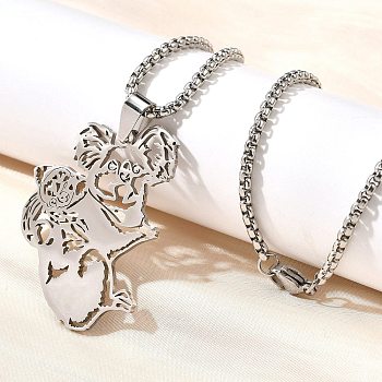 304 Stainless Steel Laser Cut Mother and Baby Koala Pendant Box Chain Necklaces for Women Men, Stainless Steel Color, 23.03 inch(58.5cm)