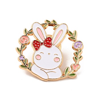 Rabbit Theme Enamel Brooch, Light Gold Alloy Badge for 2023 Year Chinese Style Gift, Floral Pattern, 29.5x31.3x1.6mm
