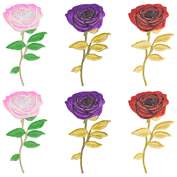 US 6Pcs 3 Colors Rose Flower Computerized Embroidery Polyester Ornament Accessories, Paillette Cloth Iron on Patches, Mixed Color, 340x161x1mms, 2pcs/color