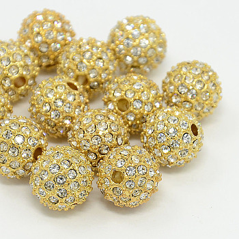 Alloy Rhinestone Beads, Grade A, Round, Golden Metal Color, Crystal, 10mm