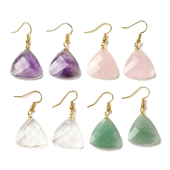 Natural Mixed Gemstone Faceted Triangle Dangle Earrings, Golden Brass Earrings, 40x20.5mm