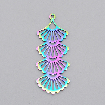 Ion Plating(IP) 201 Stainless Steel Pendants, Laser Cut, Fan, Rainbow Color, 41x17x1mm, Hole: 1.6mm