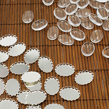 Brass Cabochon Settings and Oval Transparent Clear Glass Cabochons for DIY Jewelry Making, Lead Free & Cadmium Free, Silver Color Plated, Cabochon: 19x14mm, Tray: 13x18mm, Glass: 18x13x4.5mm