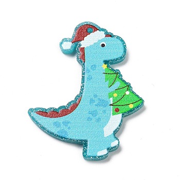 Printed  Acrylic Pendants, with Glitter Sequins, for Christmas, Dinosaur with Christmas Tree/Hat Charm, Light Sky Blue, 40x30x2mm, Hole: 1.6mm