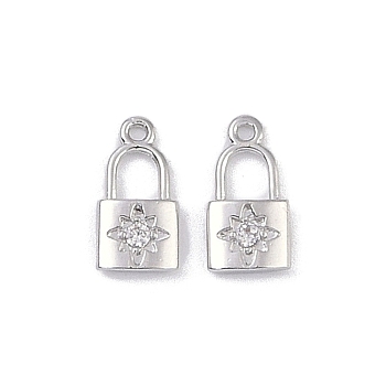 Brass Micro Pave Clear Cubic Zirconia Pendants, Lock Charms, Real Platinum Plated, 10x5x1.5mm, Hole: 0.8mm