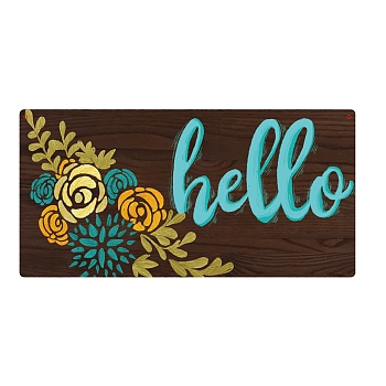 Natural Wood Hanging Wall Decorations, with Jute Twine, Rectangle with Word Hello, Colorful, Flower Pattern, 150x300x5mm