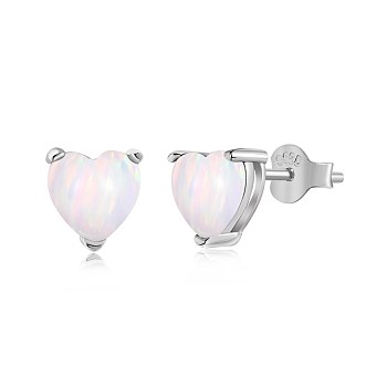 Rhodium Plated 925 Sterling Silver Opal Stud Earrings for Women, with S925 Stamp, Real Platinum Plated, Heart, WhiteSmoke, 6x6.7mm
