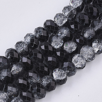 Transparent Crackle Spray Painted Glass Beads Strands, Faceted, Rondelle, Black, 8x6mm, Hole: 1.2mm, about 67~70pcs/strand, 16.34 inch