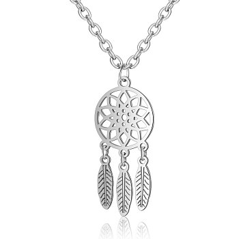 201 Stainless Steel Pendants Necklaces, Flower & Feather, Stainless Steel Color, 16.3 inch(40cm)