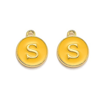 Golden Plated Alloy Enamel Charms, Enamelled Sequins, Flat Round with Alphabet, Letter.S, Yellow, 14x12x2mm, Hole: 1.5mm